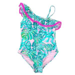 Wave Zone Kids One Piece Swimsuit XS 4/5 Tropical Floral Green Pink Preppy